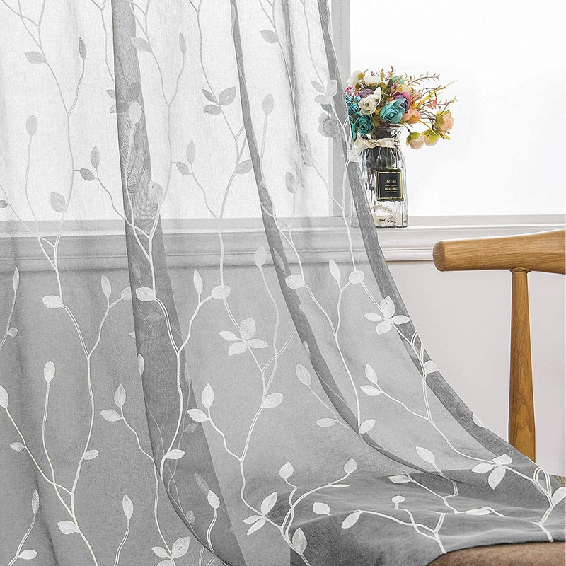 Amhoo 2 Panels Embroidered Leaf Pattern Semi Sheer Curtains Foliage Floral Voile Window Draperies Treatment for Bedroom Living Room Rod Pocket White 53 X 84 Inch Home & Garden > Decor > Window Treatments > Curtains & Drapes AmHoo Light Gray 53 x 95 Inch 