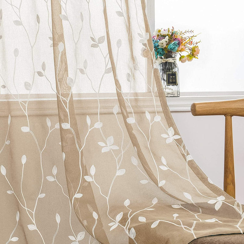 Amhoo 2 Panels Embroidered Leaf Pattern Semi Sheer Curtains Foliage Floral Voile Window Draperies Treatment for Bedroom Living Room Rod Pocket White 53 X 84 Inch Home & Garden > Decor > Window Treatments > Curtains & Drapes AmHoo Taupe 53 x 63 Inch 