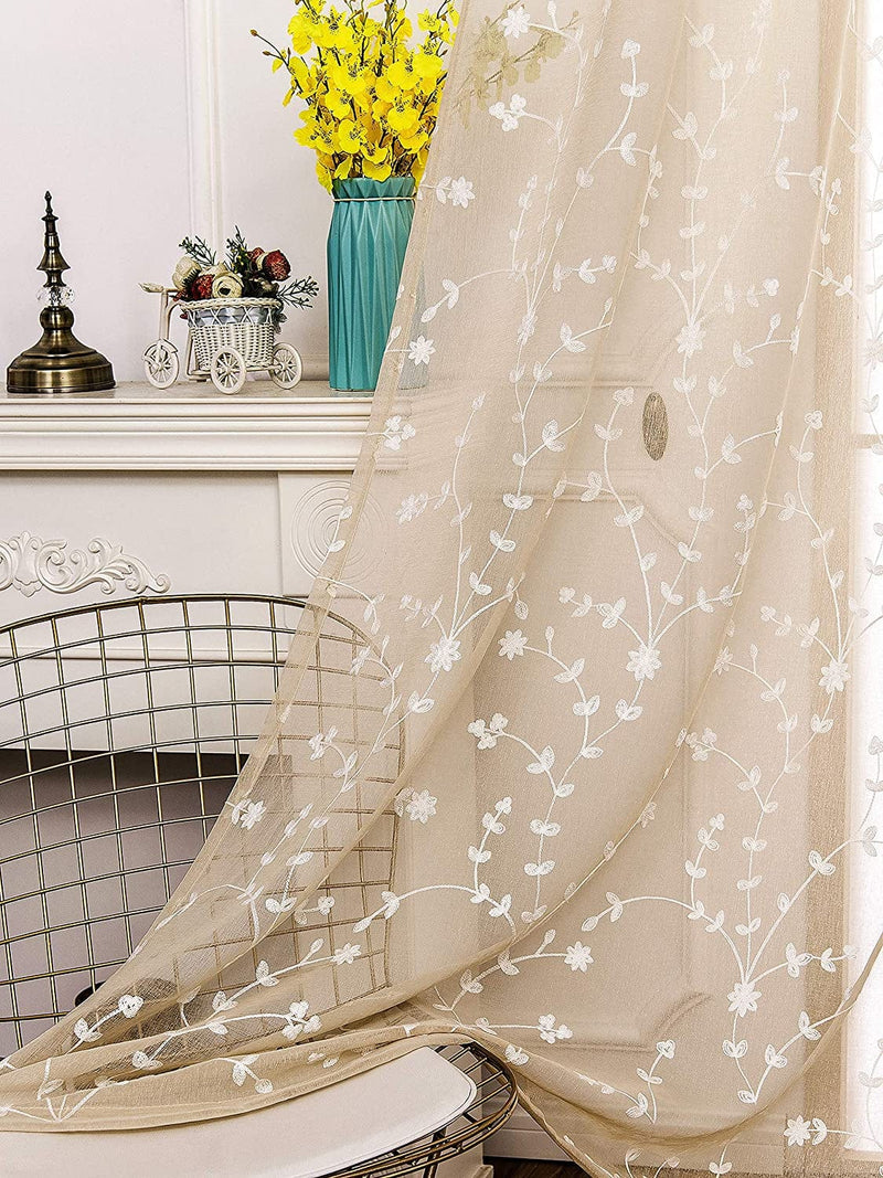 Amhoo 2 Panels Leaf Flora Embroidered Farmhouse Semi Sheer Curtain Voile Curtains for Living Room Bedroom Window Treatment Taupe 53 X 84 Inch Home & Garden > Decor > Window Treatments > Curtains & Drapes AmHoo   
