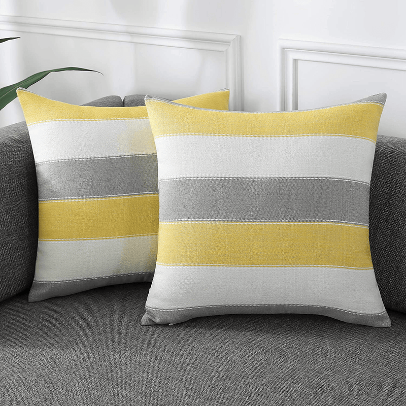 Amhoo Pack of 2 Farmhouse Stripe Check Throw Pillow Covers Set Case Cotton Linen Decorative Pillowcases Cushion Cover for Couch Bench Sofa 18X18Inch Yellow Beige Home & Garden > Decor > Chair & Sofa Cushions AmHoo Yellow Beige 18 x 18-Inch 