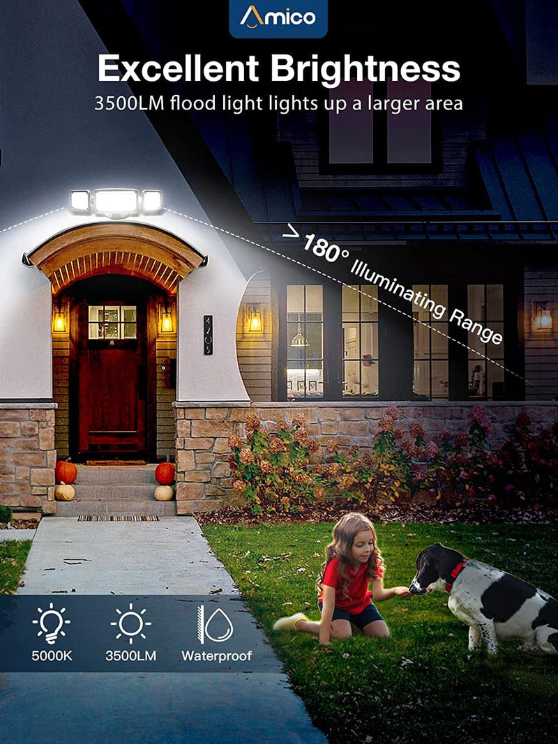 Amico 3500LM LED Security Light, 30W Bright Outdoor Flood Light, 5000K Daylight White, IP65 Waterproof with 3 Adjustable Heads for Garage, Backyard, Patio, Garden, Porch&Stair(White) Home & Garden > Lighting > Flood & Spot Lights Amico   