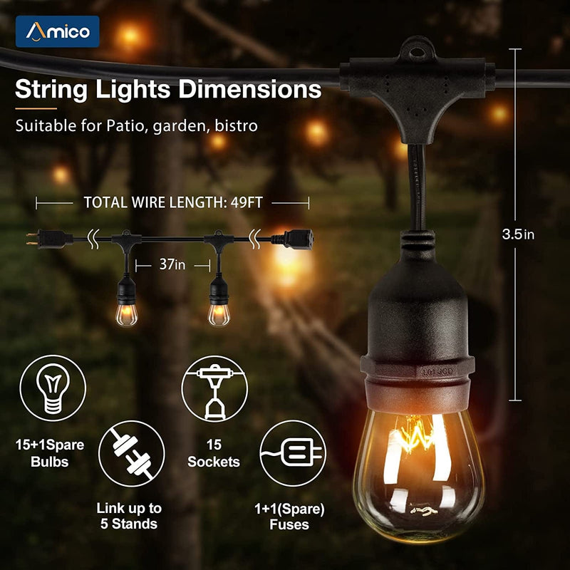 Amico 49FT Outdoor String Lights Commercial Grade Waterproof Dimmable Patio Light String 11W Incandescent Dimmable Edison Bulbs UL Listed Heavy-Duty Decorative Yard Garden Bistro Market Café Home & Garden > Lighting > Light Ropes & Strings Amico   