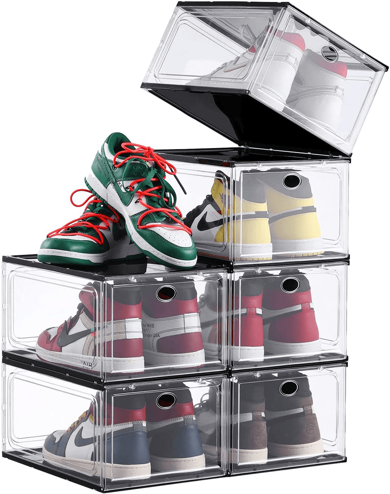 Amllas Shoe Box, Set of 6, Drop Front Shoe Storage Box, Shoe Boxes Clear Plastic Stackable with Lids, as Shoe Containers and Shoe Organizer for Women/Men, Fit up to US Size 12(13.8”X 9.84”X 7.1”) Furniture > Cabinets & Storage > Armoires & Wardrobes Amllas   