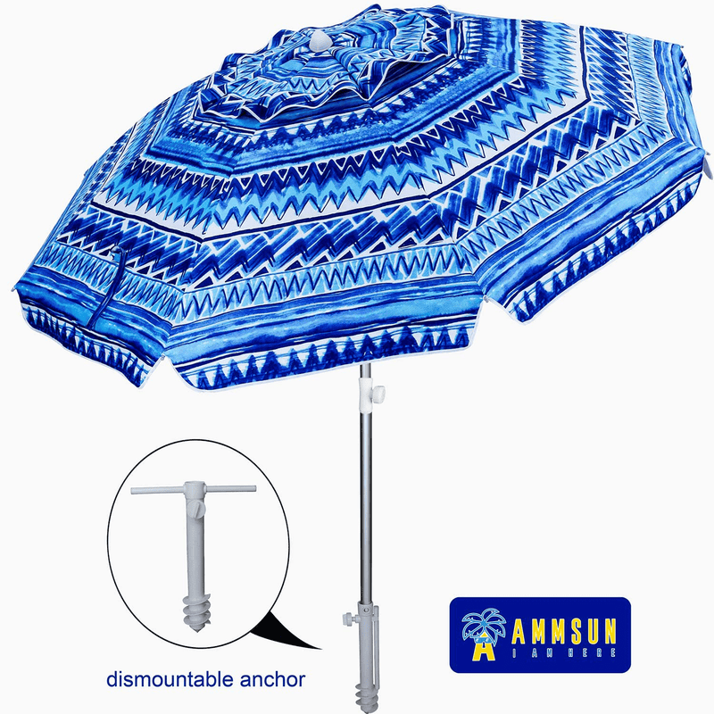 AMMSUN 6.5 ft Beach Umbrella with Sand Anchor, Portable Beach Umbrella, Outdoor Patio Umbrella UV 50+ Sun Protection, Umbrella for Beach Patio Garden Outdoor, Carry Bag (2021 Blue Stripes)
