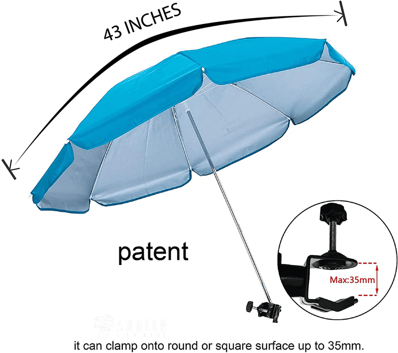 AMMSUN Beach Umbrella with Adjustable Clamp 43 inches UPF 50+, Portable Clamp on Stroller, Wheelchair, and Wagon (Sky Blue)