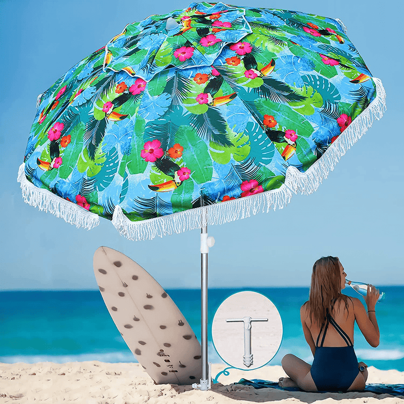 AMMSUN TS71019-DL-200 UV50 Protection, Lightweight, Portable & Easy,Perfect, Camping, Sports, Gardens 6.5ft Outdoor Patio Beach Umbrella Sun Shelter with Sand Anchor Fringe, Blue&Green