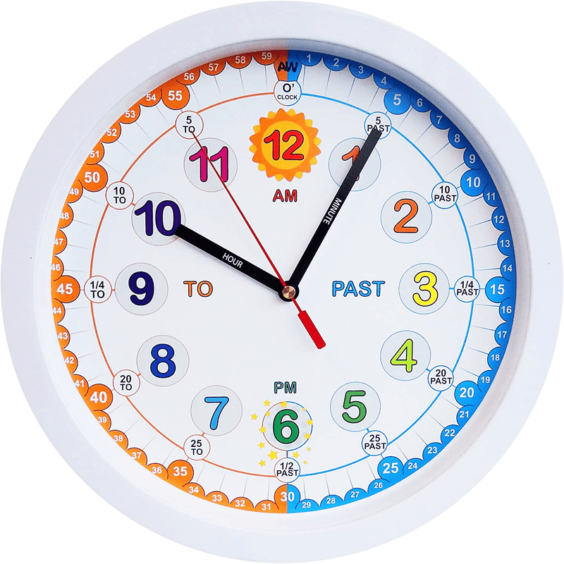 Amonev Time Teacher Clock Children Silent Wall Clock, Easy to Read Clock with Non Ticking Movement. Teach Children How to Read an Analogue Clock (White) Home & Garden > Decor > Clocks > Wall Clocks Amonev White 14 x 14 x 3 cm 