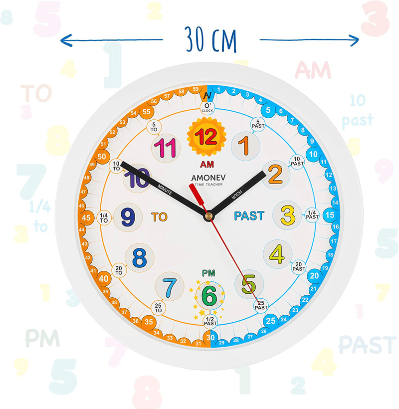 Amonev Time Teacher Clock Children Silent Wall Clock, Easy to Read Clock with Non Ticking Movement. Teach Children How to Read an Analogue Clock (White) Home & Garden > Decor > Clocks > Wall Clocks Amonev   