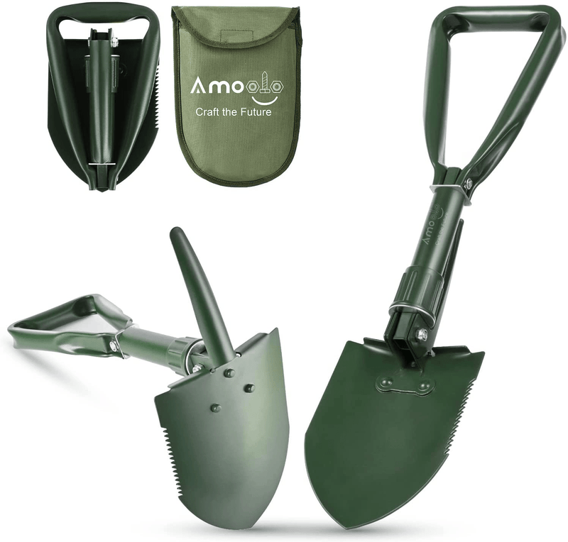 Amoolo Mini Folding Camping Shovel (18" Olive), Survival Foldable Shovel W/Saw Edge, Collapsible E Tool for Entrenching, Digging, Gardening and Car Emergency