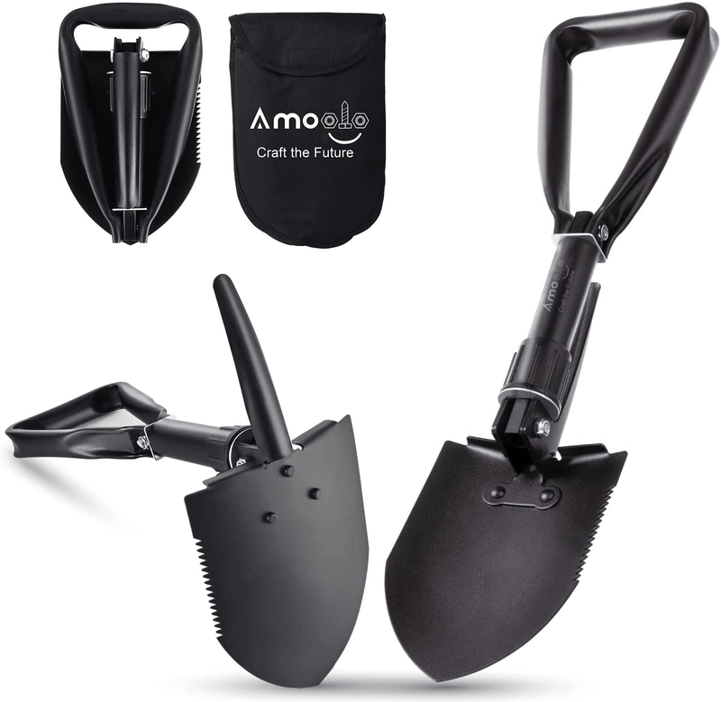 Amoolo Mini Folding Camping Shovel (18" Olive), Survival Foldable Shovel W/Saw Edge, Collapsible E Tool for Entrenching, Digging, Gardening and Car Emergency