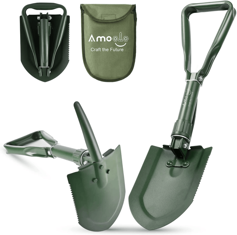 Amoolo Mini Folding Camping Shovel (18" Olive), Survival Foldable Shovel W/Saw Edge, Collapsible E Tool for Entrenching, Digging, Gardening and Car Emergency Sporting Goods > Outdoor Recreation > Camping & Hiking > Camping Tools amoolo Olive SMALL (8.3 x 5.9") 