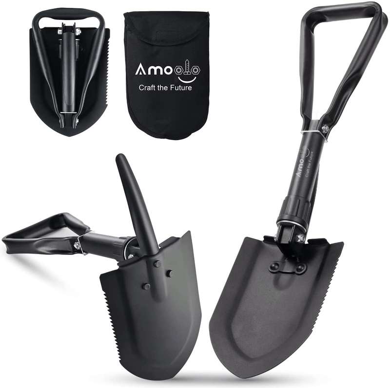 Amoolo Mini Folding Camping Shovel (18" Olive), Survival Foldable Shovel W/Saw Edge, Collapsible E Tool for Entrenching, Digging, Gardening and Car Emergency Sporting Goods > Outdoor Recreation > Camping & Hiking > Camping Tools amoolo Black SMALL (8.3 x 5.9") 