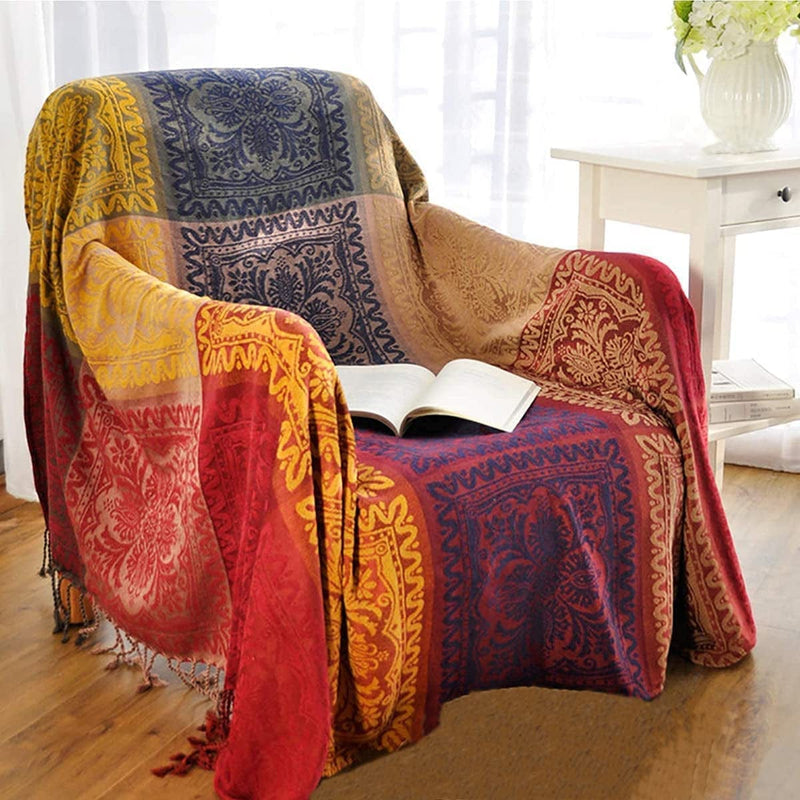 Amorus Bohemian Throw Blankets Chenille Jacquard Tassels Soft Chair Cover for Bed Couch Decorative Sofa Throw Blankets - Colorful Tribal Pattern (M) Home & Garden > Decor > Chair & Sofa Cushions amorus 86 x 102 Inches  