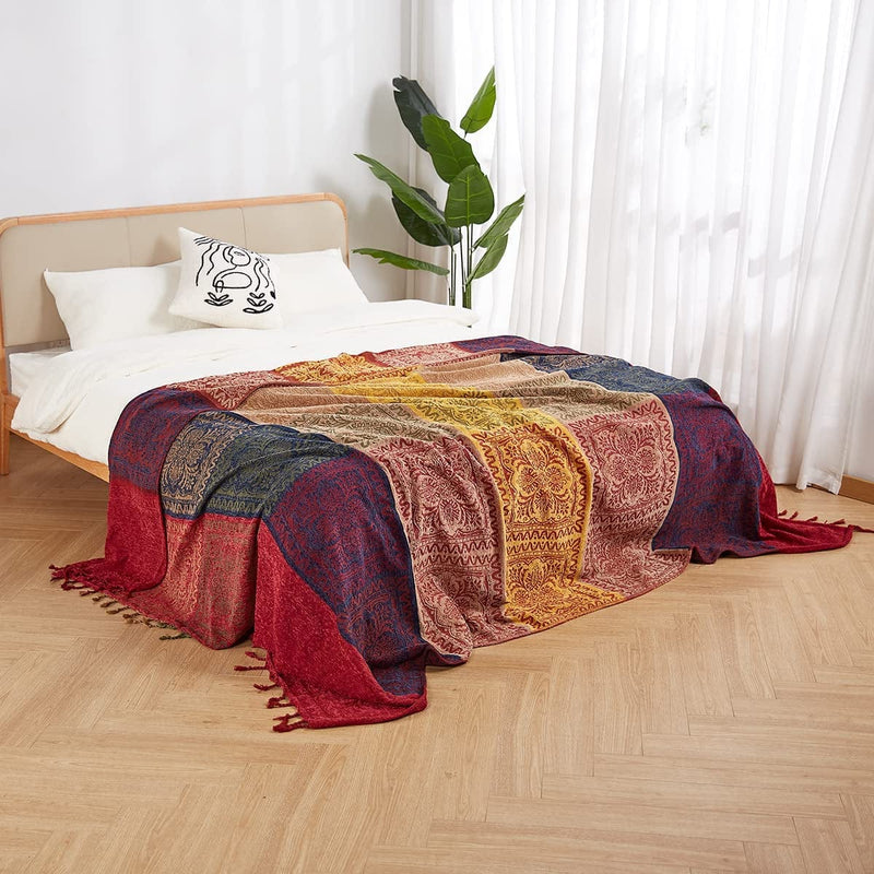 Amorus Bohemian Throw Blankets Chenille Jacquard Tassels Soft Chair Cover for Bed Couch Decorative Sofa Throw Blankets - Colorful Tribal Pattern (M) Home & Garden > Decor > Chair & Sofa Cushions amorus   
