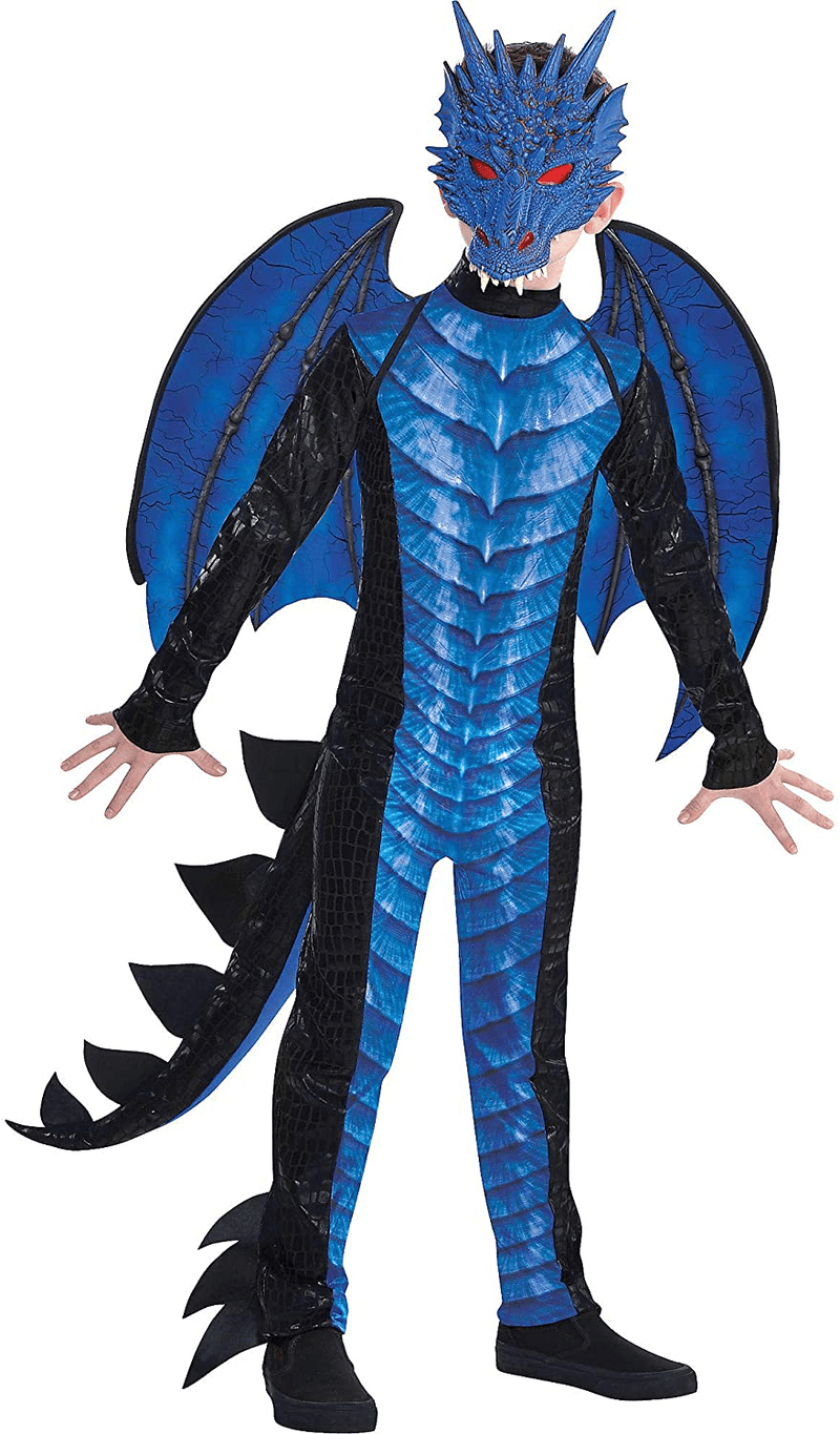 Amscan Black and Blue Dragon Halloween Costume for Boys, Includes Jumpsuit, Mask, Tail and Wings