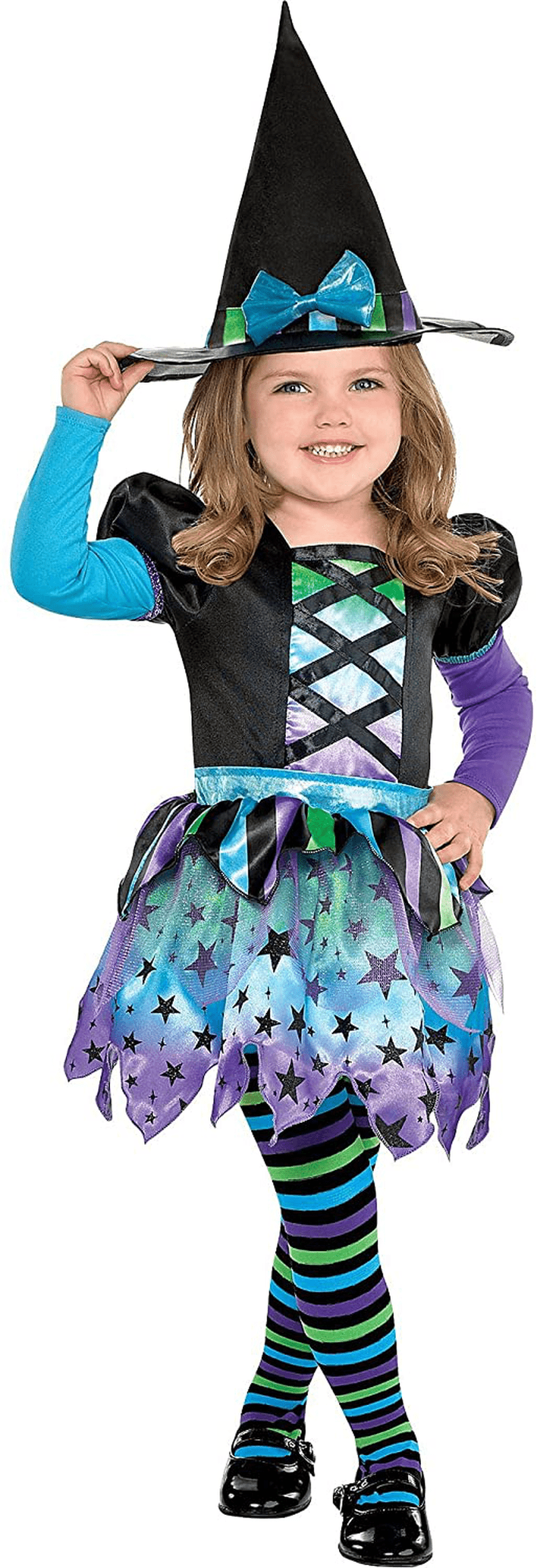 amscan Suit Yourself Spell Caster Witch Costume for Girls, Size 2T, Includes a Colorful Dress, a Hat, and Striped Tights
