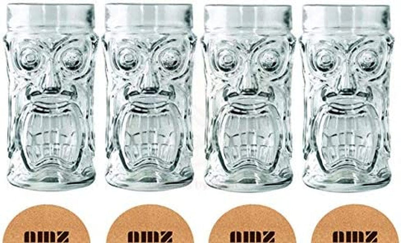 AMZ Empire Screaming Tiki Glasses 16 Oz Cooler Glass, 4 Pieces, Modern Bar Party Set with Picks