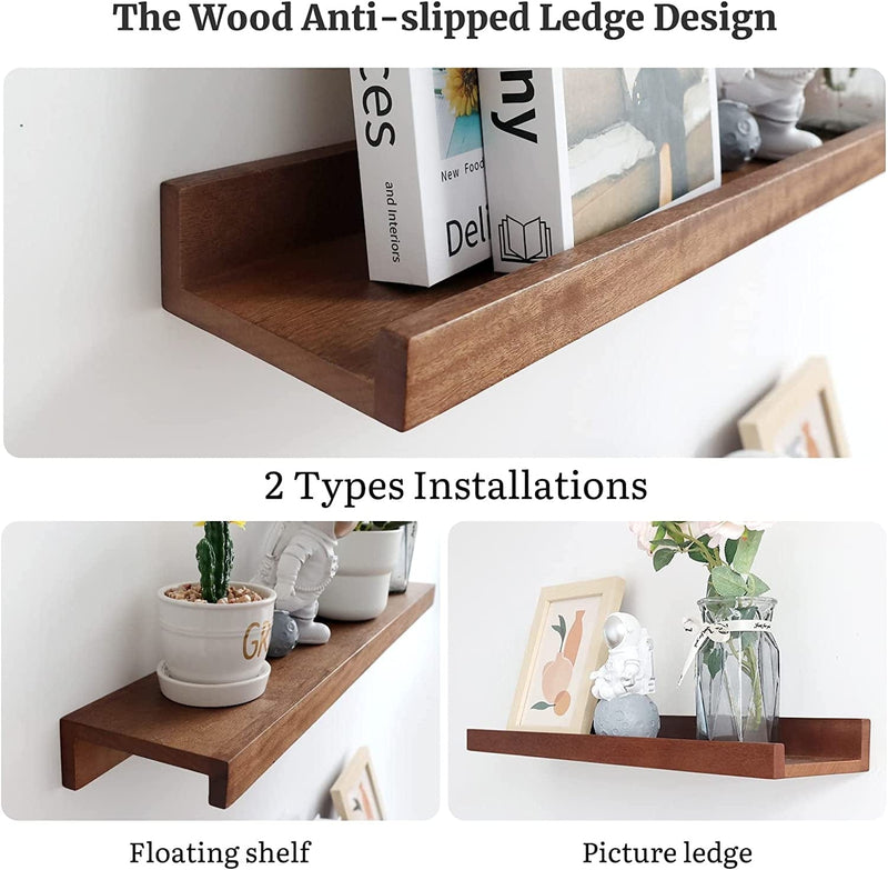 AMZFURNI 16" Wood Floating Shelves for Wall, Picture Ledge Shelf with Lip for Picture Frames(2Pcs, Solid Wood, Walnut Color, Lightweight, Polished, Lacquered) Furniture > Shelving > Wall Shelves & Ledges AMZFURNI   