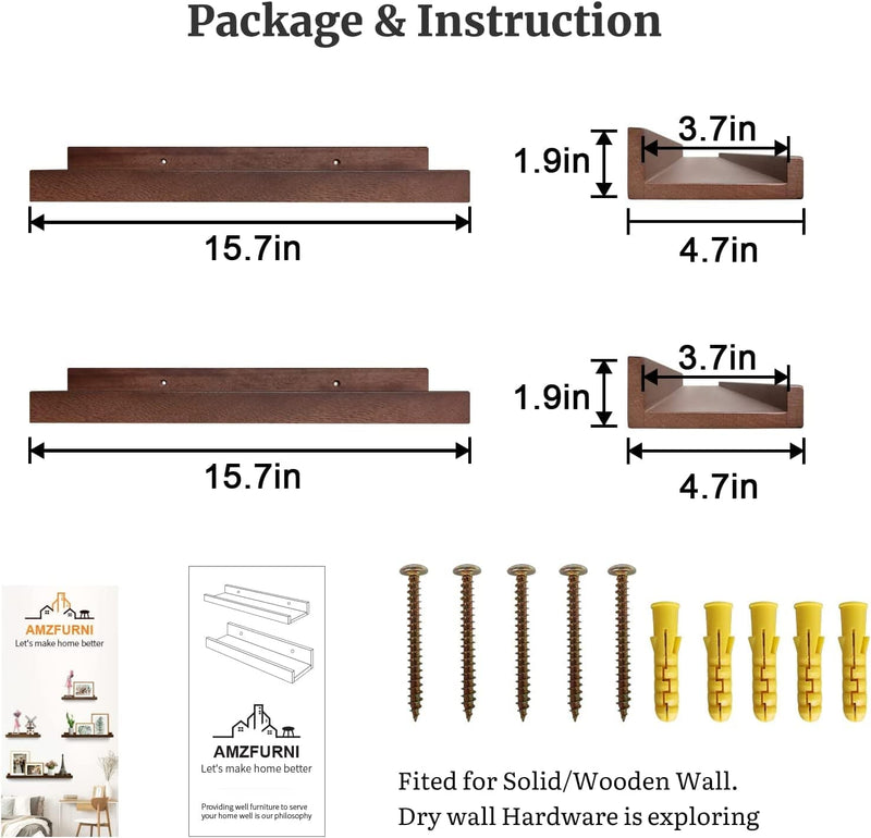 AMZFURNI 16" Wood Floating Shelves for Wall, Picture Ledge Shelf with Lip for Picture Frames(2Pcs, Solid Wood, Walnut Color, Lightweight, Polished, Lacquered) Furniture > Shelving > Wall Shelves & Ledges AMZFURNI   