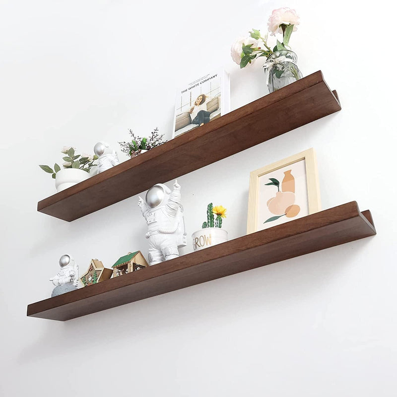 AMZFURNI 16" Wood Floating Shelves for Wall, Picture Ledge Shelf with Lip for Picture Frames(2Pcs, Solid Wood, Walnut Color, Lightweight, Polished, Lacquered) Furniture > Shelving > Wall Shelves & Ledges AMZFURNI Walnut 35.5"x4.7" 