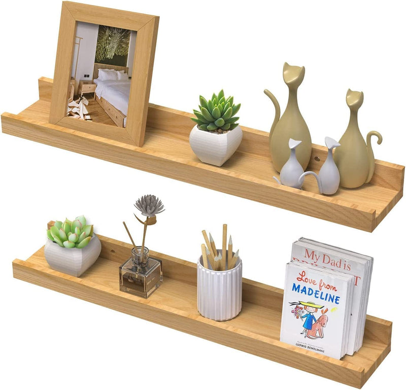 AMZFURNI 16" Wood Floating Shelves for Wall, Picture Ledge Shelf with Lip for Picture Frames(2Pcs, Solid Wood, Walnut Color, Lightweight, Polished, Lacquered) Furniture > Shelving > Wall Shelves & Ledges AMZFURNI Natural 23.6"x4.7" 