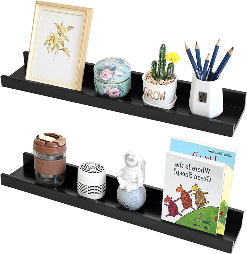 AMZFURNI 16" Wood Floating Shelves for Wall, Picture Ledge Shelf with Lip for Picture Frames(2Pcs, Solid Wood, Walnut Color, Lightweight, Polished, Lacquered) Furniture > Shelving > Wall Shelves & Ledges AMZFURNI Black 23.6"x4.7" 