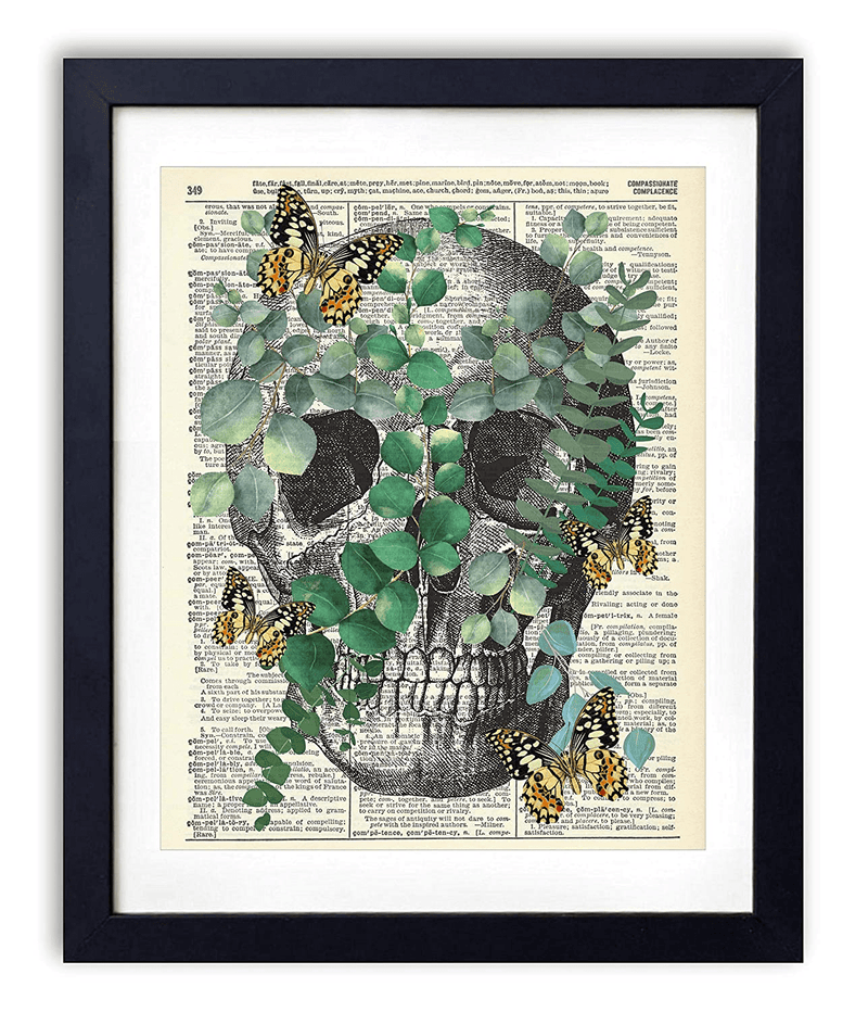 Anatomy with Eucalyptus and Butterflies, Vintage Dictionary Art Print, Modern Contemporary Wall Art For Home Decor, Boho Art Print Poster, Farmhouse Wall Decor 8x10 Inches, Unframed (Skull
