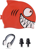 Ancaiqi Kids Swim Cap, Silicone Swimming Cap for Girls Boys Kids, Bathing Cap Waterproof Fish and Shark with Nose Clip Earplugs for Long and Short Hair Sporting Goods > Outdoor Recreation > Boating & Water Sports > Swimming > Swim Caps Ancaiqi Red Fish  