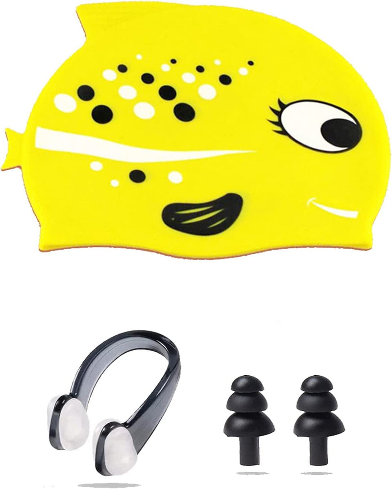 Ancaiqi Kids Swim Cap, Silicone Swimming Cap for Girls Boys Kids, Bathing Cap Waterproof Fish and Shark with Nose Clip Earplugs for Long and Short Hair Sporting Goods > Outdoor Recreation > Boating & Water Sports > Swimming > Swim Caps Ancaiqi Yellow  