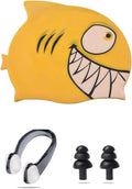 Ancaiqi Kids Swim Cap, Silicone Swimming Cap for Girls Boys Kids, Bathing Cap Waterproof Fish and Shark with Nose Clip Earplugs for Long and Short Hair Sporting Goods > Outdoor Recreation > Boating & Water Sports > Swimming > Swim Caps Ancaiqi Yellow Shark  