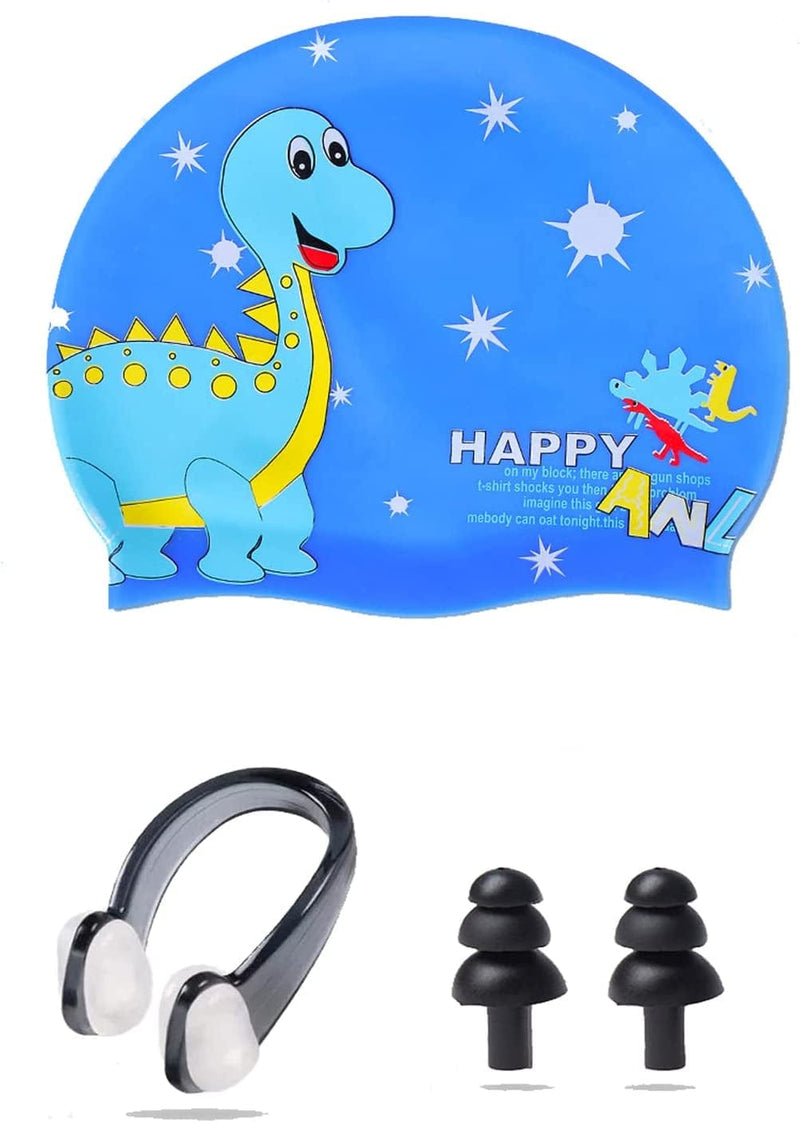 Ancaiqi Kids Swim Cap, Silicone Swimming Cap for Girls Boys Kids, Bathing Cap Waterproof Fish and Shark with Nose Clip Earplugs for Long and Short Hair Sporting Goods > Outdoor Recreation > Boating & Water Sports > Swimming > Swim Caps Ancaiqi Blue Dinosaur  
