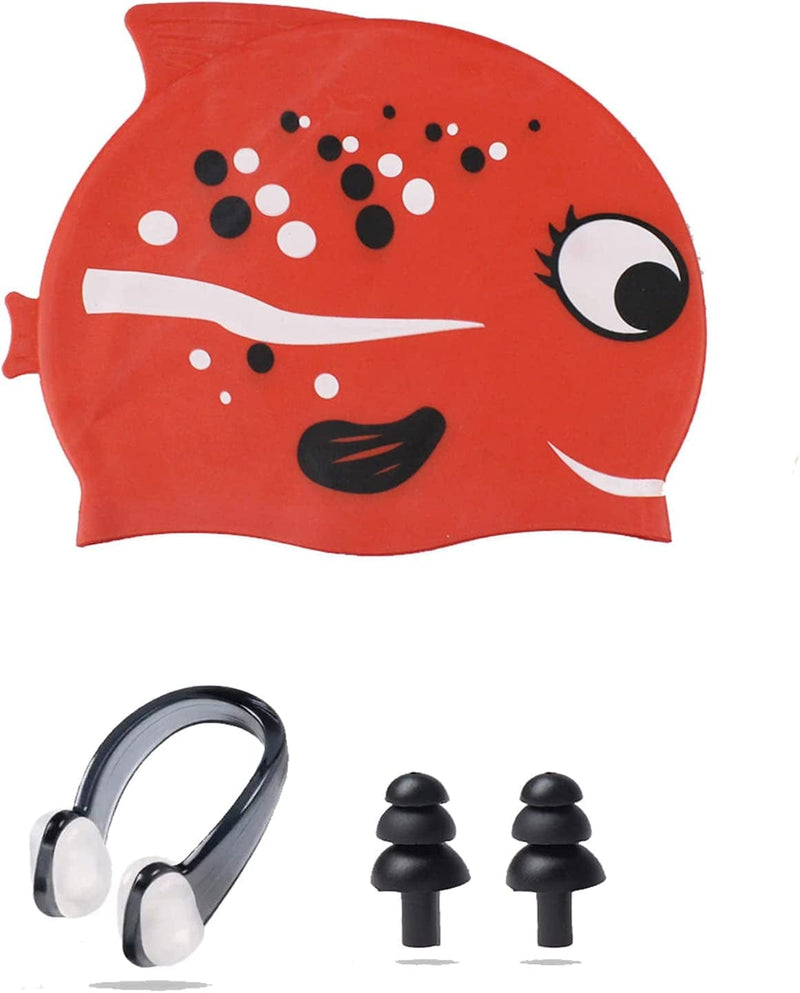 Ancaiqi Kids Swim Cap, Silicone Swimming Cap for Girls Boys Kids, Bathing Cap Waterproof Fish and Shark with Nose Clip Earplugs for Long and Short Hair Sporting Goods > Outdoor Recreation > Boating & Water Sports > Swimming > Swim Caps Ancaiqi Red  