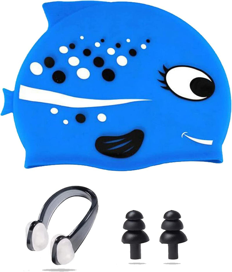 Ancaiqi Kids Swim Cap, Silicone Swimming Cap for Girls Boys Kids, Bathing Cap Waterproof Fish and Shark with Nose Clip Earplugs for Long and Short Hair Sporting Goods > Outdoor Recreation > Boating & Water Sports > Swimming > Swim Caps Ancaiqi Blue  