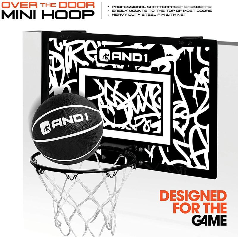 AND1 Mini Basketball Hoop: 18”x12” Pre-Assembled Portable Over The Door with Flex Rim, Includes Two Deflated 5” Mini Basketball with Pump, For Indoor
