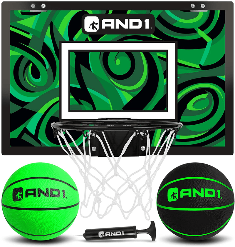 AND1 Mini Basketball Hoop: 18”x12” Pre-Assembled Portable Over The Door with Flex Rim, Includes Two Deflated 5” Mini Basketball with Pump, For Indoor Sporting Goods > Outdoor Recreation > Winter Sports & Activities AND1 GREEN / BLACK Premium Bundle 