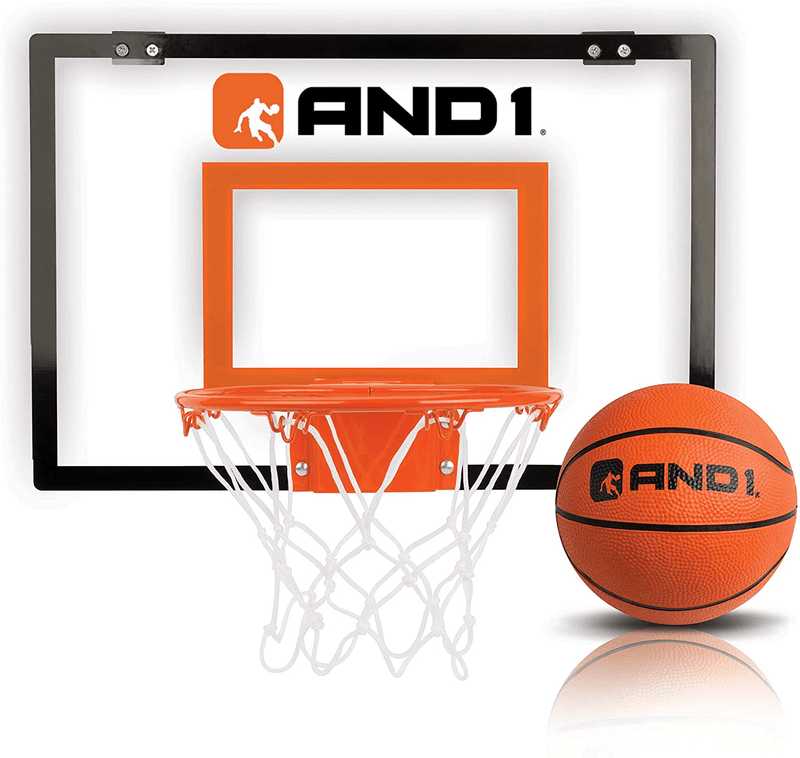 AND1 Mini Basketball Hoop: 18”x12” Pre-Assembled Portable Over The Door with Flex Rim, Includes Two Deflated 5” Mini Basketball with Pump, For Indoor Sporting Goods > Outdoor Recreation > Winter Sports & Activities AND1 CLEAR / ORANGE Basic 
