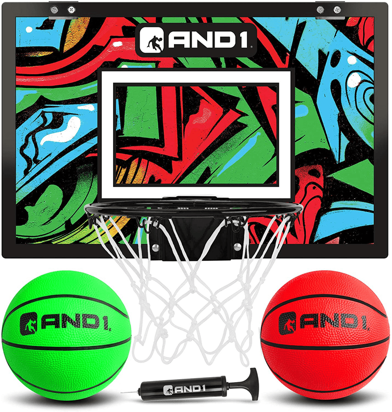 AND1 Mini Basketball Hoop: 18”x12” Pre-Assembled Portable Over The Door with Flex Rim, Includes Two Deflated 5” Mini Basketball with Pump, For Indoor