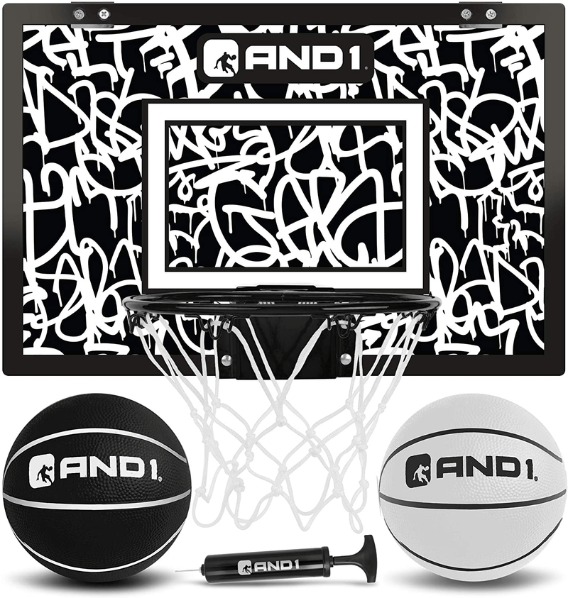 AND1 Mini Basketball Hoop: 18”x12” Pre-Assembled Portable Over The Door with Flex Rim, Includes Two Deflated 5” Mini Basketball with Pump, For Indoor Sporting Goods > Outdoor Recreation > Winter Sports & Activities AND1 WHITE / BLACK Premium Bundle 