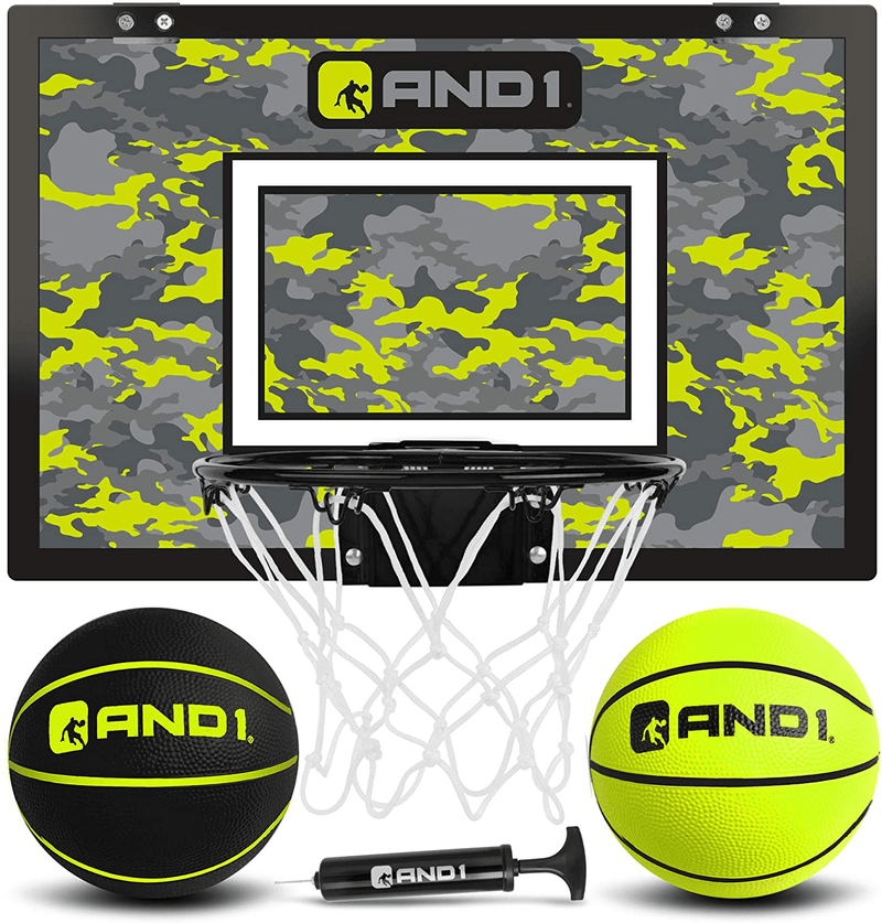 AND1 Mini Basketball Hoop: 18”x12” Pre-Assembled Portable Over The Door with Flex Rim, Includes Two Deflated 5” Mini Basketball with Pump, For Indoor Sporting Goods > Outdoor Recreation > Winter Sports & Activities AND1 VOLT / BLACK Premium Bundle 