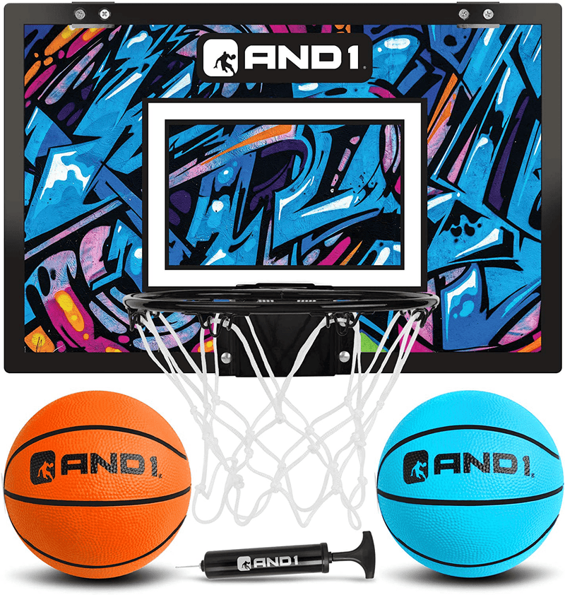 AND1 Mini Basketball Hoop: 18”x12” Pre-Assembled Portable Over The Door with Flex Rim, Includes Two Deflated 5” Mini Basketball with Pump, For Indoor Sporting Goods > Outdoor Recreation > Winter Sports & Activities AND1 Orange/Light Blue Premium Bundle 