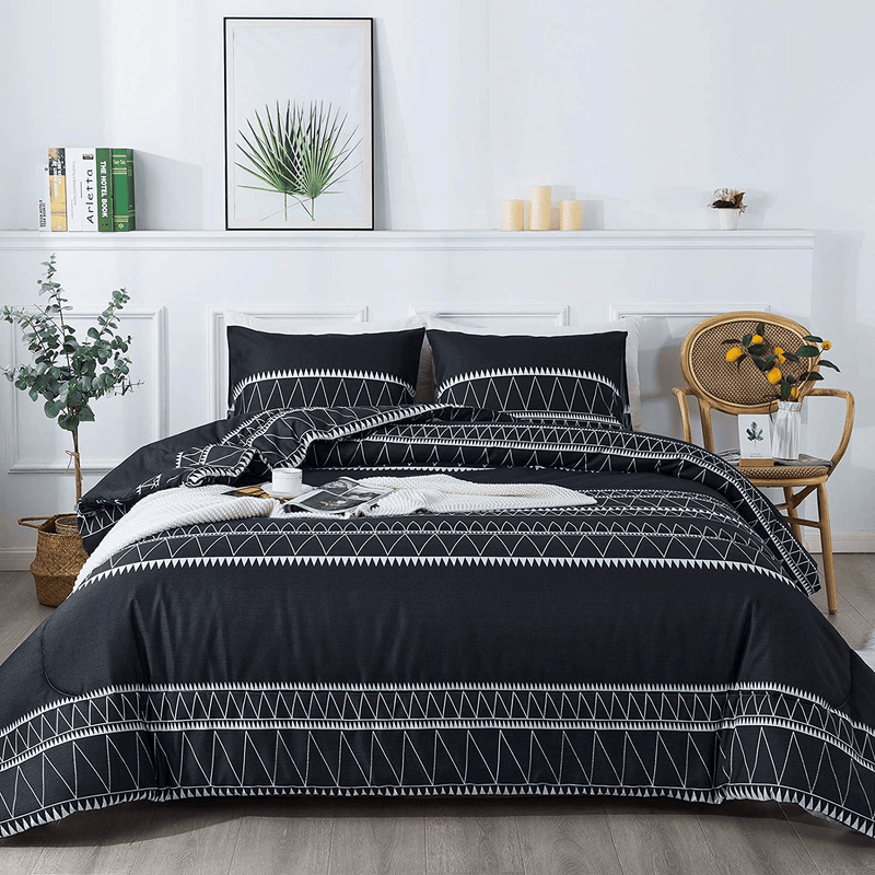 Andency Grey Comforter King (104x90 Inch), 3 Pieces (1 Boho Geometric Striped Comforter+2 Pillowcases), Microfiber Gray Bohemian Down Alternative Comforter Set Home & Garden > Linens & Bedding > Bedding > Quilts & Comforters Andency Anthracite Black Queen (90*90 inch) 