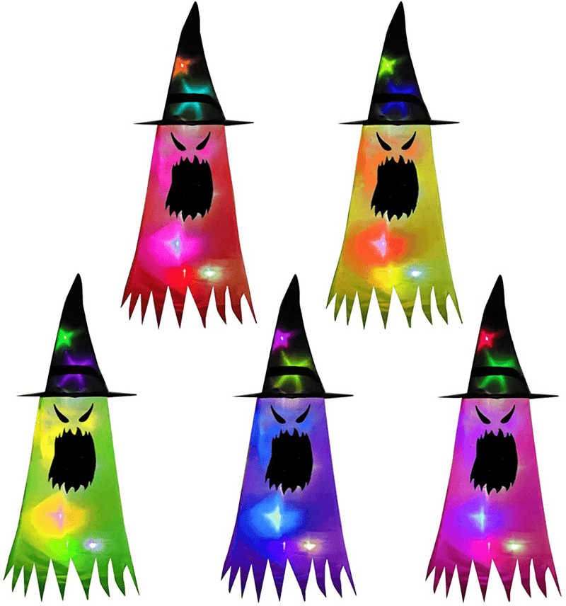 Anditoy 5 Pack Light Up Witch Hats Hanging Evil Ghost Halloween Decorations for Outdoor Indoor Halloween Decor Party Supplies