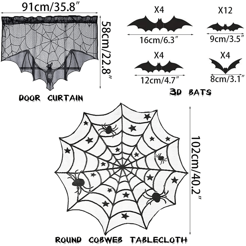 Anditoy 6 Pack Halloween Decorations Sets Spider Webs Tablecloth Fireplace Scarf Runner Round Cobweb Table Cover Lampshade Door Curtain with 24pcs 3D Bats for Halloween Decor Indoor Party Supplies Arts & Entertainment > Party & Celebration > Party Supplies Anditoy   