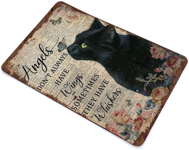 Angels Don'T Always Have Wings Sometimes They Have Whiskers Tin Sign Vintage Floral Black Cat Cat Lovers Gift Vintage Metal Sign Plaque Metal Man Cave Bar Pub Club Home Wall Decoration 8X5.5 Inch Home & Garden > Decor > Seasonal & Holiday Decorations Graman   