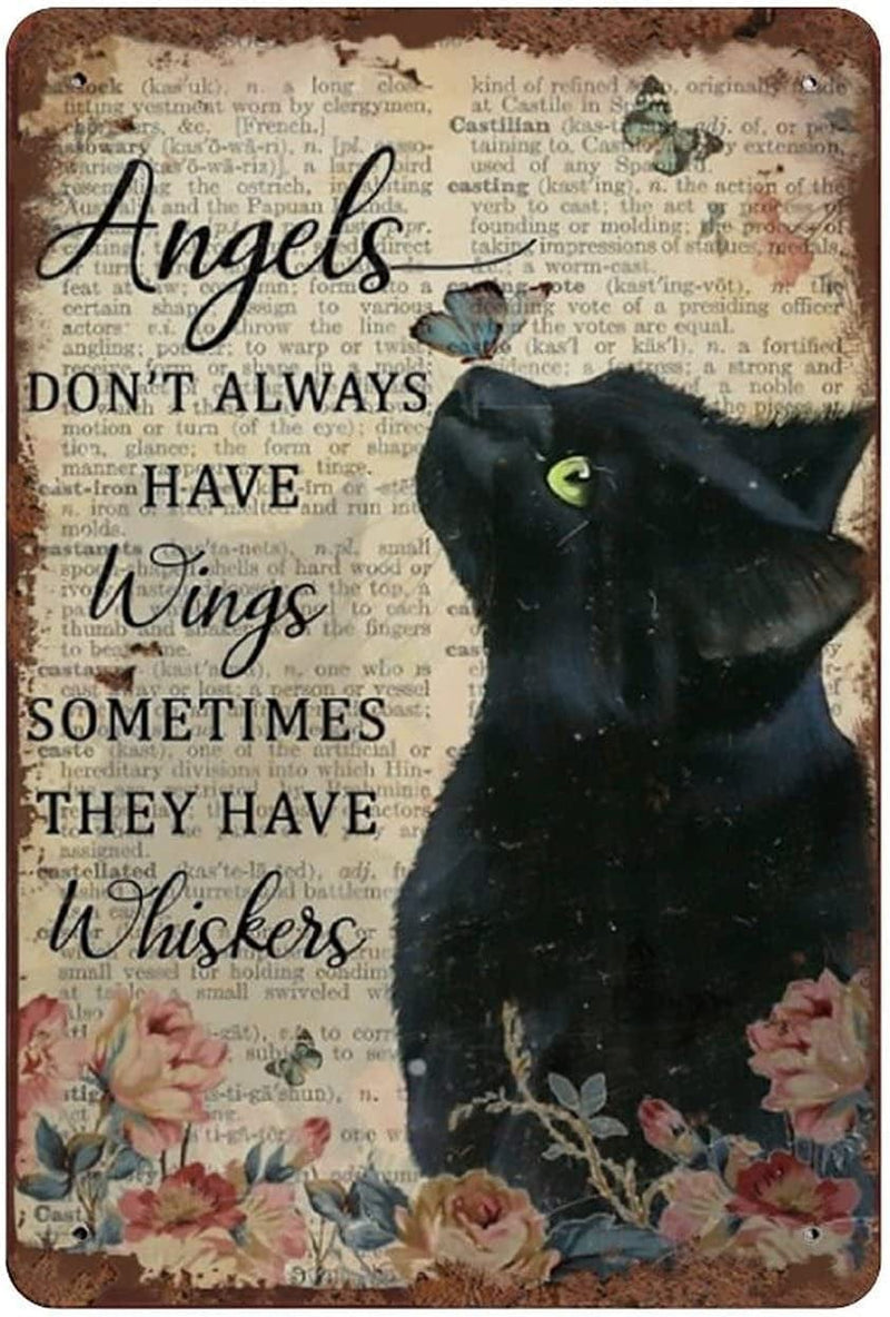 Angels Don'T Always Have Wings Sometimes They Have Whiskers Tin Sign Vintage Floral Black Cat Cat Lovers Gift Vintage Metal Sign Plaque Metal Man Cave Bar Pub Club Home Wall Decoration 8X5.5 Inch