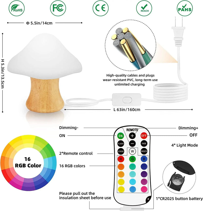 ANGTUO Wooden Mushroom Lamp Baby Night Light for Kids with 16 Color Changing and Dimmable Nursery Lamp Bedside Light for Breastfeeding Baby Bedroom