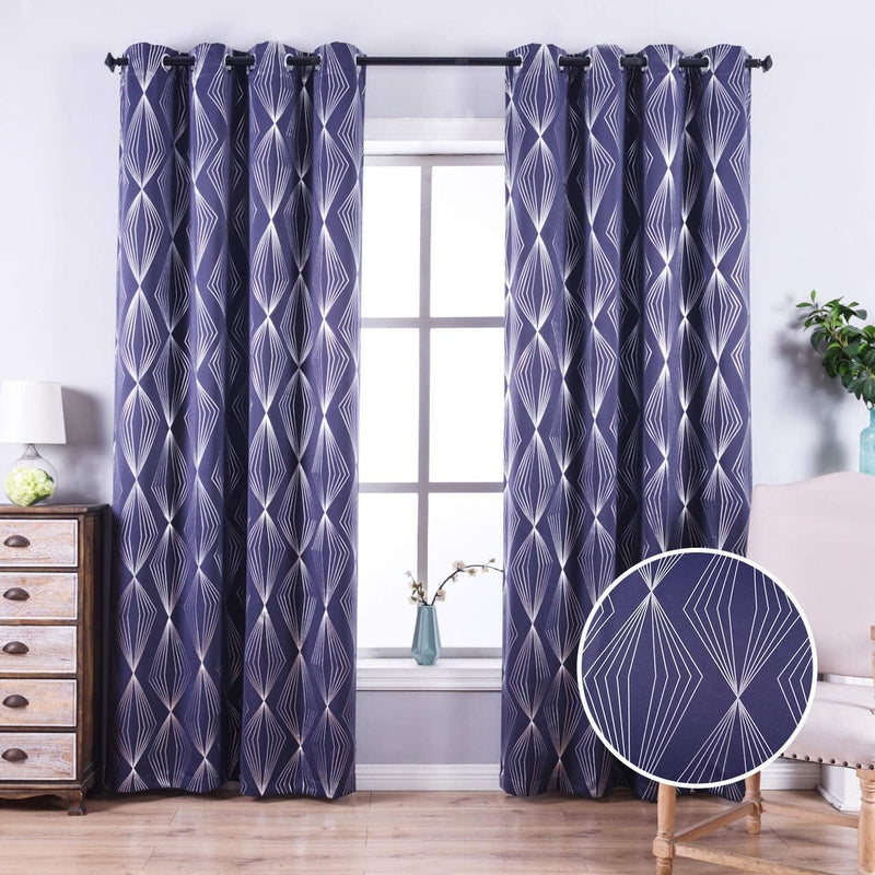 Anjee 84 Inch Blackout Curtains for Living Room with Foil Print Diamond Pattern, Thermal Insulated Window Drapes for Light Blocking, 52 X 84 Inch, Navy Blue Home & Garden > Decor > Window Treatments > Curtains & Drapes Anjee Navy Blue/Geometric Pattern W52 x L84 