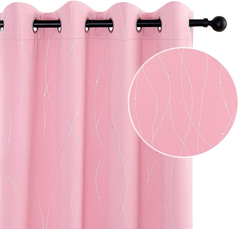 Anjee Blackout Curtains with Silver Wave Line Printed Grommet Top Light Darkening Thermal Insulated Window Curtains Drapes for Kids Boys Bedroom Living Room 52X63 Inch Pink 2 Panels Home & Garden > Decor > Window Treatments > Curtains & Drapes Anjee Pink 52*63 