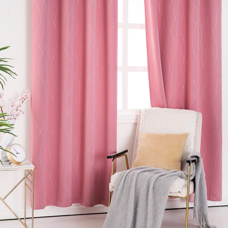 Anjee Blackout Curtains with Silver Wave Line Printed Grommet Top Light Darkening Thermal Insulated Window Curtains Drapes for Kids Boys Bedroom Living Room 52X63 Inch Pink 2 Panels Home & Garden > Decor > Window Treatments > Curtains & Drapes Anjee   