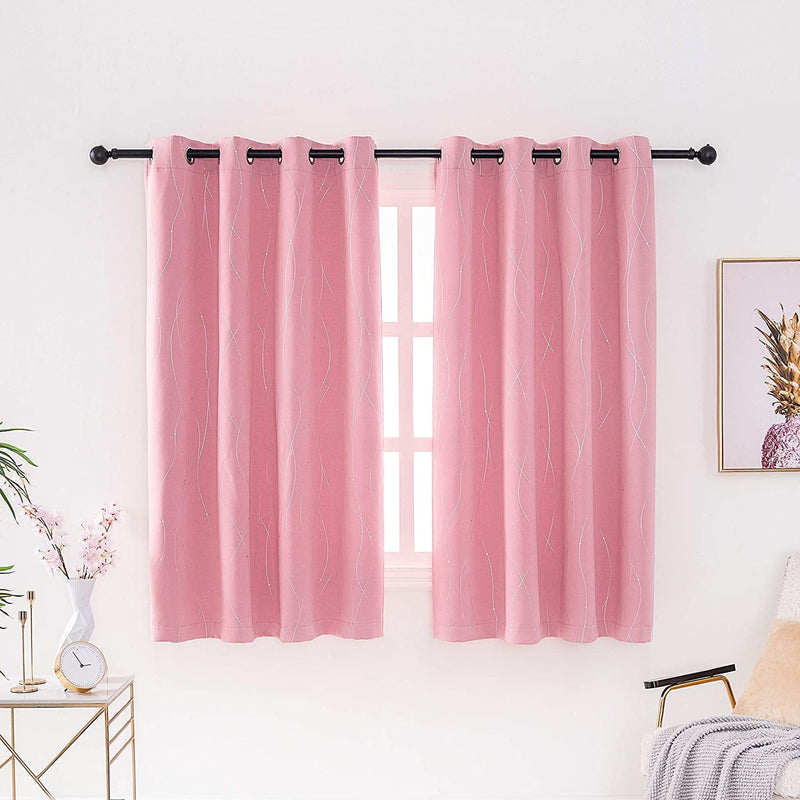 Anjee Blackout Curtains with Silver Wave Line Printed Grommet Top Light Darkening Thermal Insulated Window Curtains Drapes for Kids Boys Bedroom Living Room 52X63 Inch Pink 2 Panels Home & Garden > Decor > Window Treatments > Curtains & Drapes Anjee   